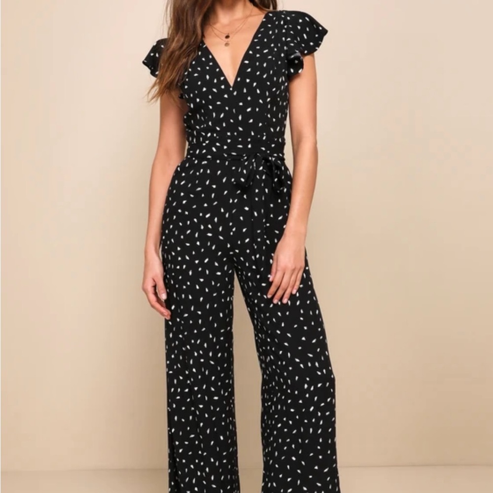 Fine Print Black and White Print Backless Jumpsuit